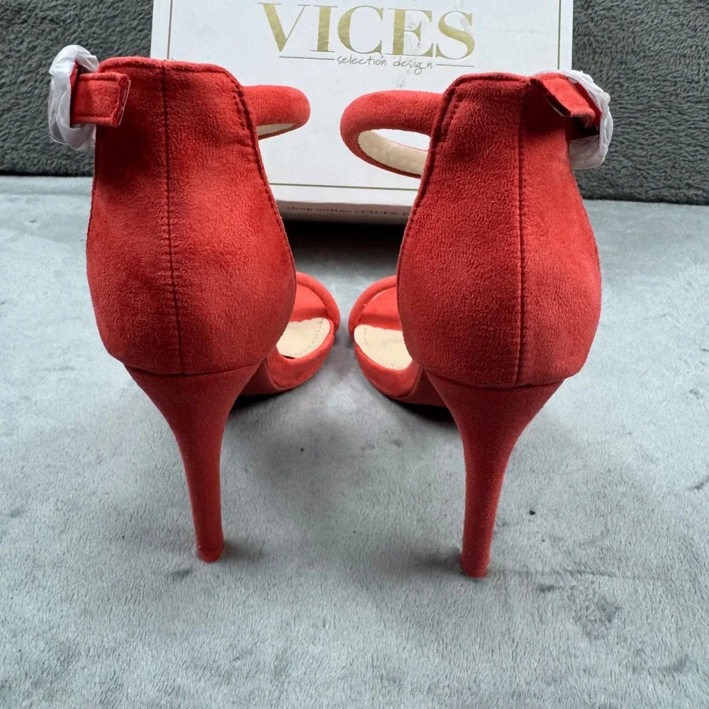 Vices Red Faux Suede Ankle Strap Stiletto‎ Sandals Heels 5074-23 Mens Size 36